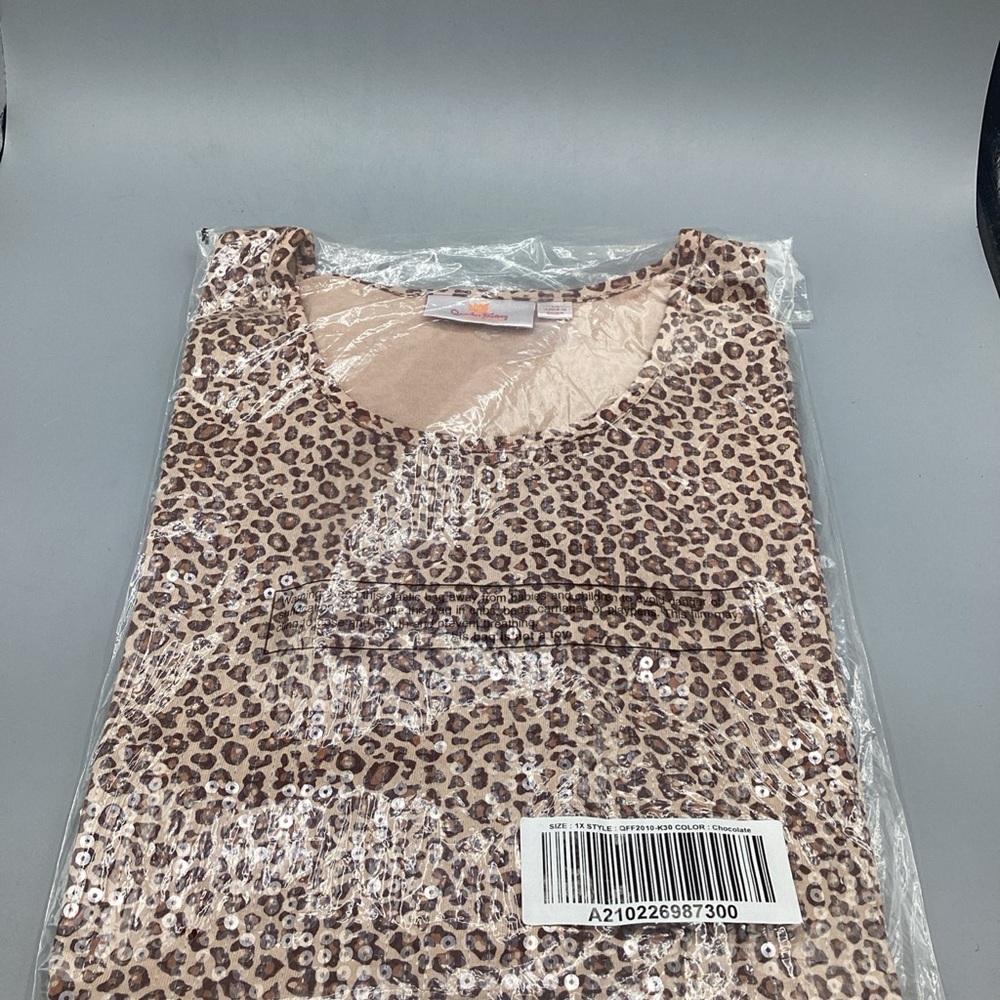 NOS Women’s 1x Quacker Factory Chocolate Leopard print Blouse-Factory Sealed